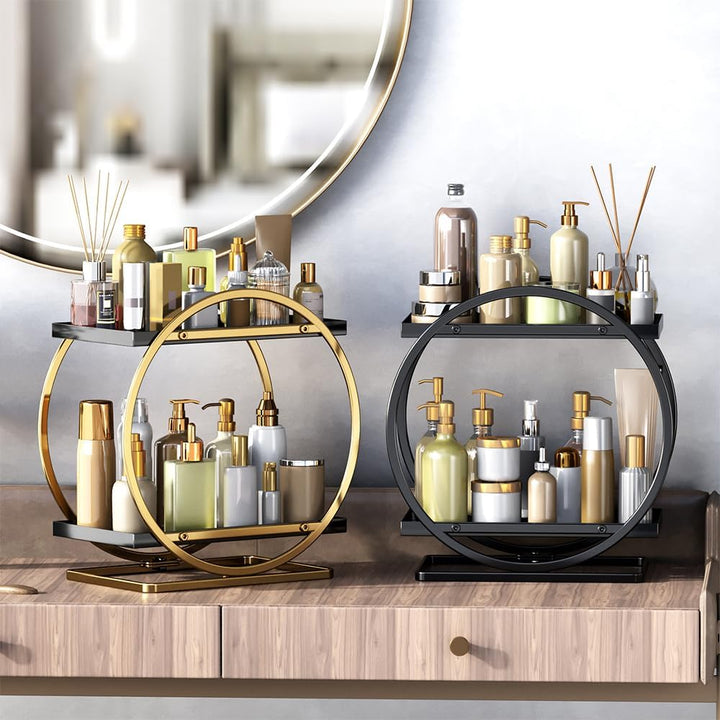 Make-up-Organizer für Schminktisch, 2-stöckig, Metall, Goldfarben, Modern, Kosmetik-Aufbewahrungsreg