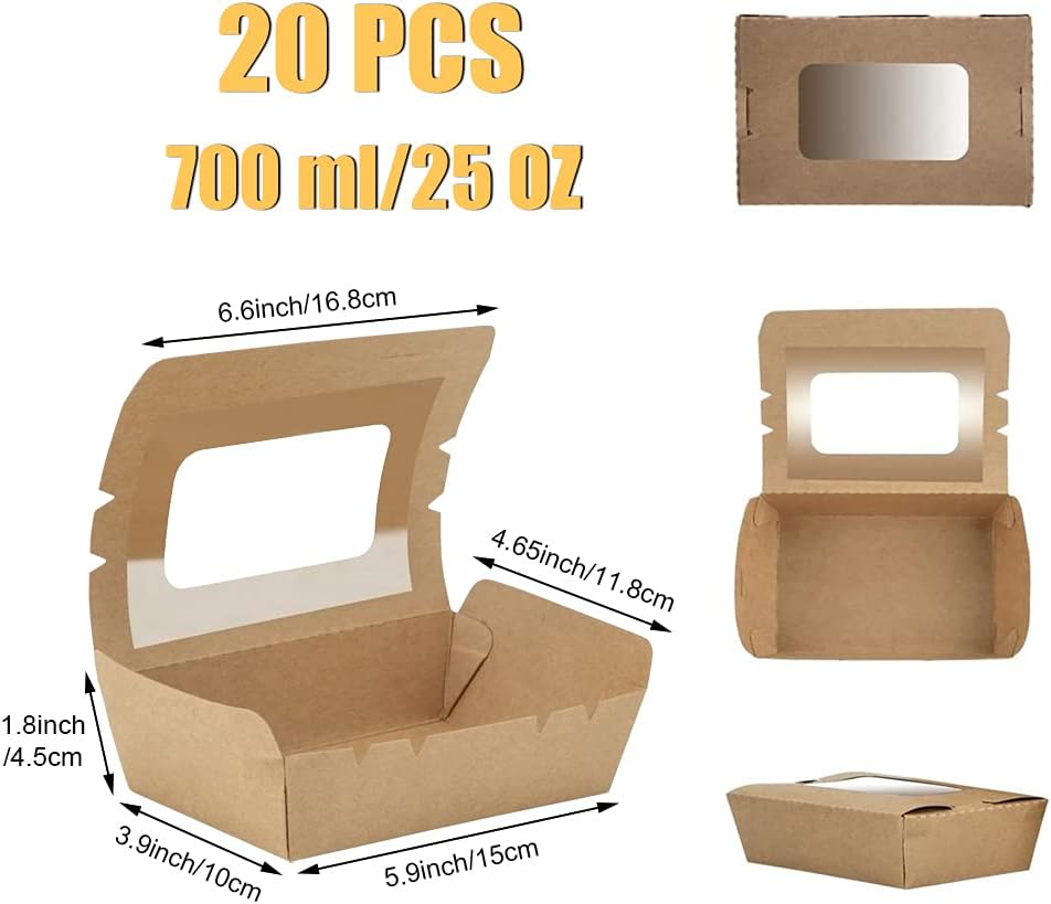 20 Stücke Kraftpapier Lunchbox 700ml/24oz, Kraftkarton Snackboxen, Take Away Box, mit Fenster, Öl un