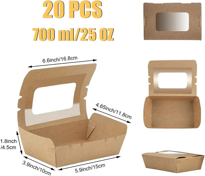 20 Stücke Kraftpapier Lunchbox 700ml/24oz, Kraftkarton Snackboxen, Take Away Box, mit Fenster, Öl un