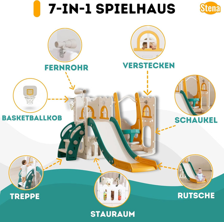 Stena Spielhaus mit Rutsche und Schaukel - Basketballkorb, Ball &amp; Spielzeug-Teleskop - Indoor &amp; Outd