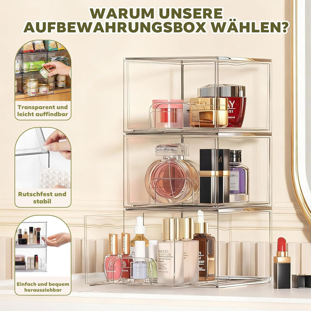 4er-Set Stapelbare Aufbewahrungsschubladen aus Acryl, Transparent mit Griffen, Einfache Montage für