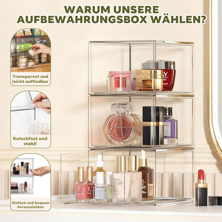4er-Set Stapelbare Aufbewahrungsschubladen aus Acryl, Transparent mit Griffen, Einfache Montage für