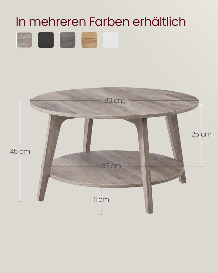 VASAGLE Couchtisch rund, Wohnzimmertisch 2 Ebenen, Kaffeetisch für Wohnzimmer, 80 cm d, 45 cm H, ein