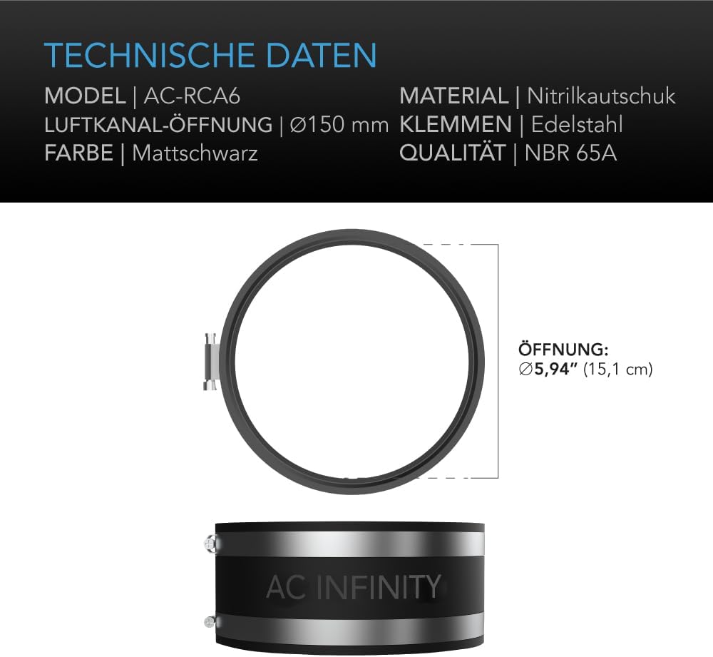 AC Infinity Geräuschreduzierungsschelle 15,2 cm, Kanalkupplung mit Edelstahlklemmen, flexible Gummik