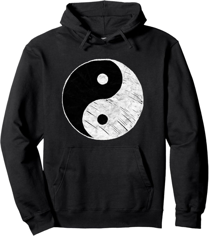 Vintage Sketched Yin Yang Minimalist Black & White Graphic Pullover Hoodie