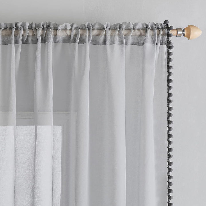 MIULEE Gardinen mit Pompons-Hübsche Grau Transparent Gardinen für Kinderzimmer Mädchen, 2 Stücke Vor