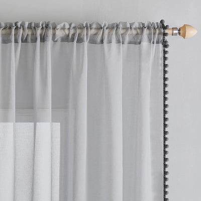MIULEE Gardinen mit Pompons-Hübsche Grau Transparent Gardinen für Kinderzimmer Mädchen, 2 Stücke Vor