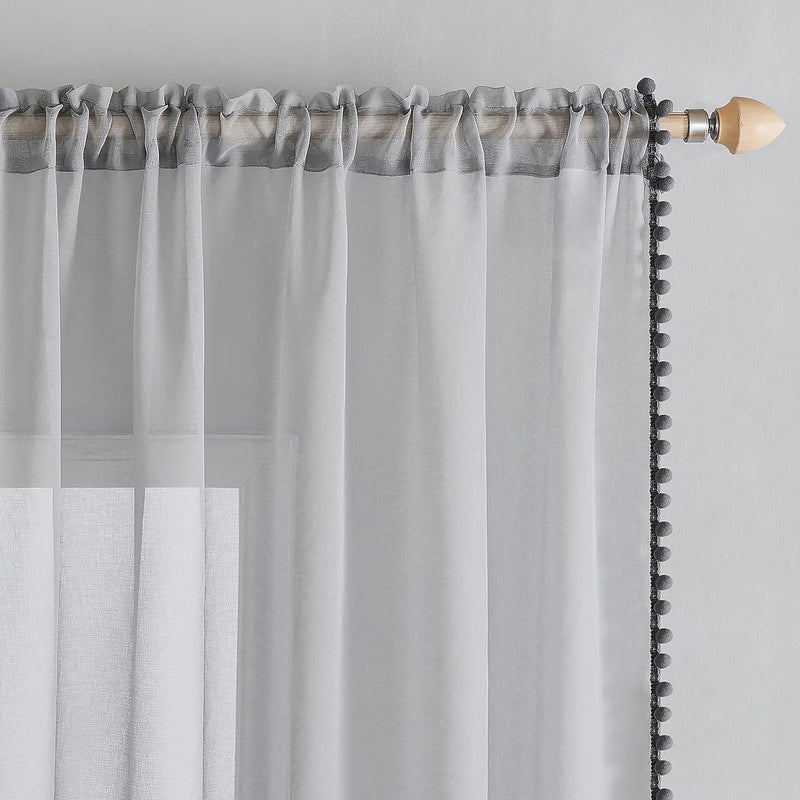 MIULEE Gardinen mit Pompons-Hübsche Grau Transparent Gardinen für Kinderzimmer Mädchen, 2 Stücke Vor