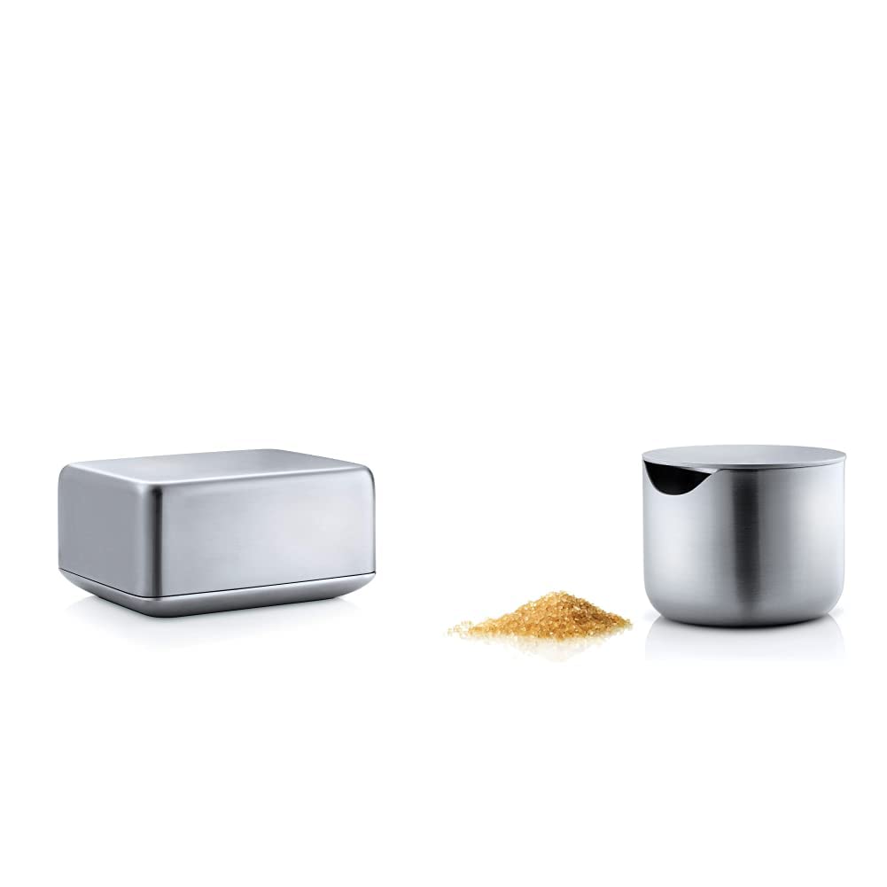 Blomus 63638 Basic Butterdose, edelstahl matt, medium & -BASIC- Zuckerdose aus mattiertem Edelstahl,