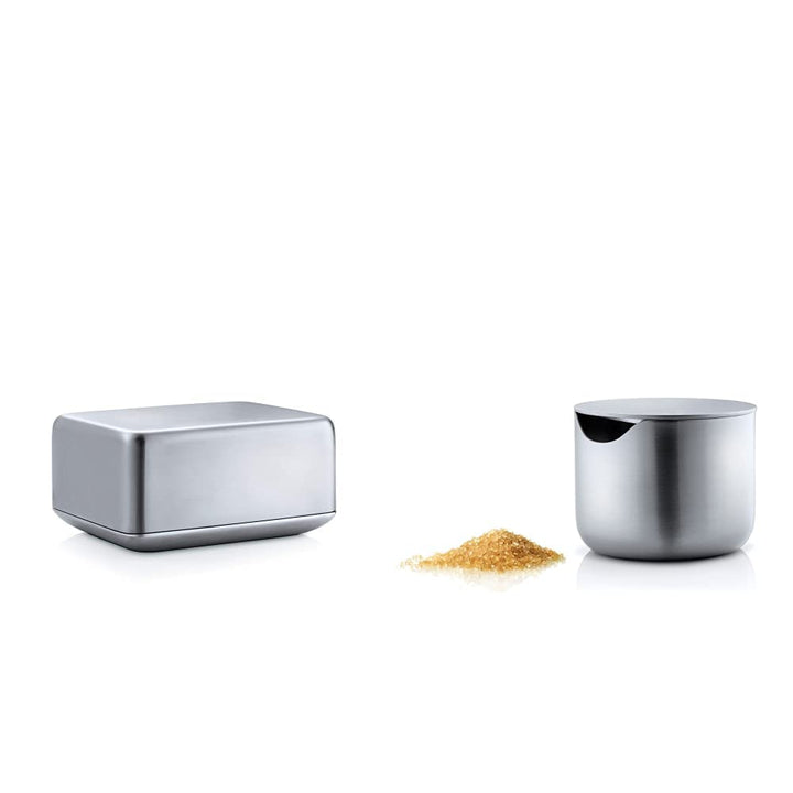 Blomus 63638 Basic Butterdose, edelstahl matt, medium & -BASIC- Zuckerdose aus mattiertem Edelstahl,