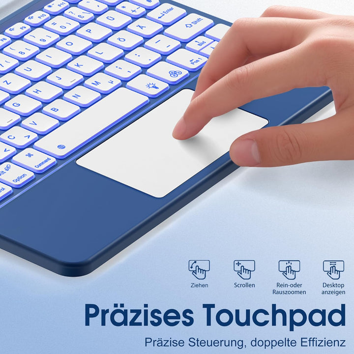 Vobafe Bluetooth Tastatur mit Touchpad, Kabellose 7-farbiges Backlight QWERTZ Tablet Keyboard, Trale