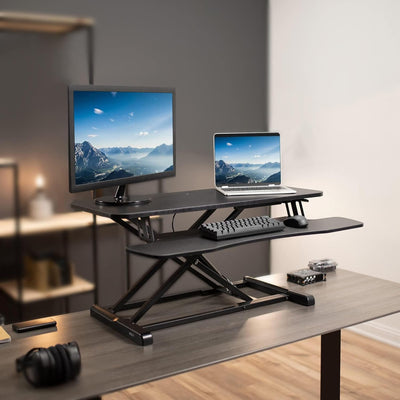 VIVO DESK-V036KB Tischkonverter, höhenverstellbarer Steiger, Sitz zum Standfuss Dual-Monitor und Lap