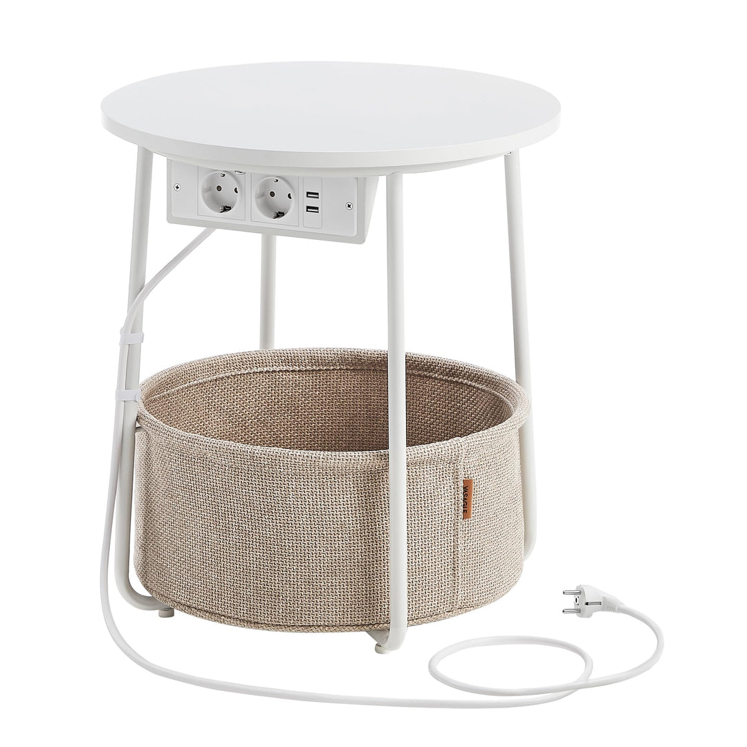 VASAGLE Beistelltisch rund, Kleiner Tisch, Couchtisch mit Steckdose, Wohnzimmertisch, Korb aus Stoff