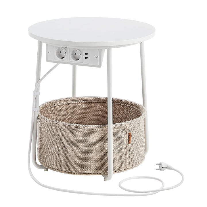 VASAGLE Beistelltisch rund, Kleiner Tisch, Couchtisch mit Steckdose, Wohnzimmertisch, Korb aus Stoff