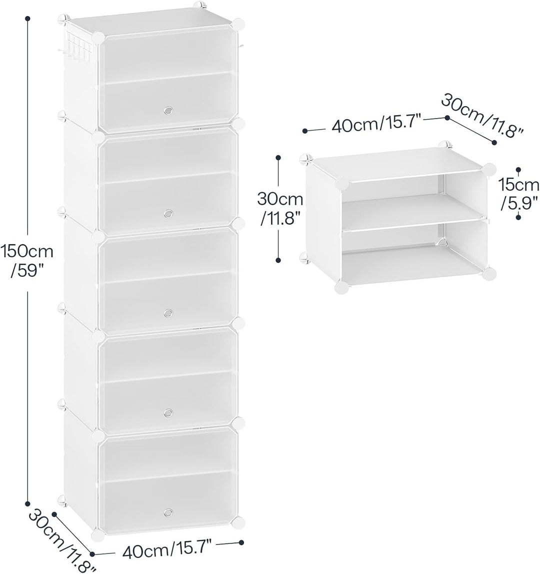 HOOBRO Schuhregal mit 10 Ebenen, Schmal Schuhschrank, Schuh-Organizer, mit Türen, Kunststoff, DIY St