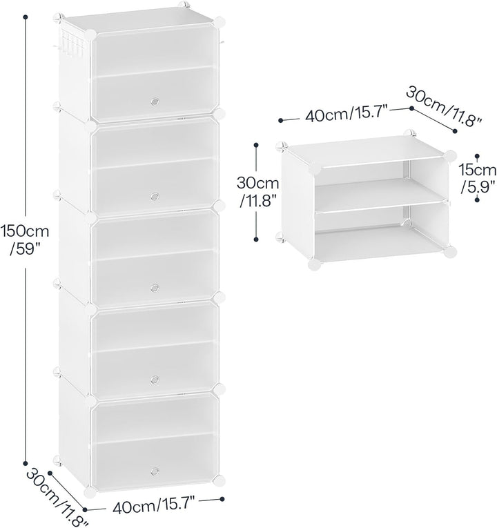 HOOBRO Schuhregal mit 10 Ebenen, Schmal Schuhschrank, Schuh-Organizer, mit Türen, Kunststoff, DIY St