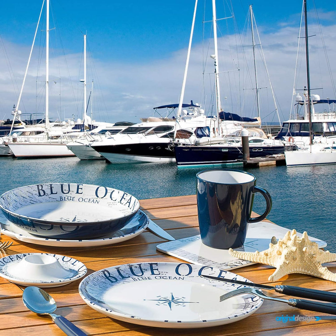 BRUNNER - Campinggeschirr Melamin Maritim (Set: 12, 16 oder 36 Teilig), 4 Personen - Blue Ocean - Ho