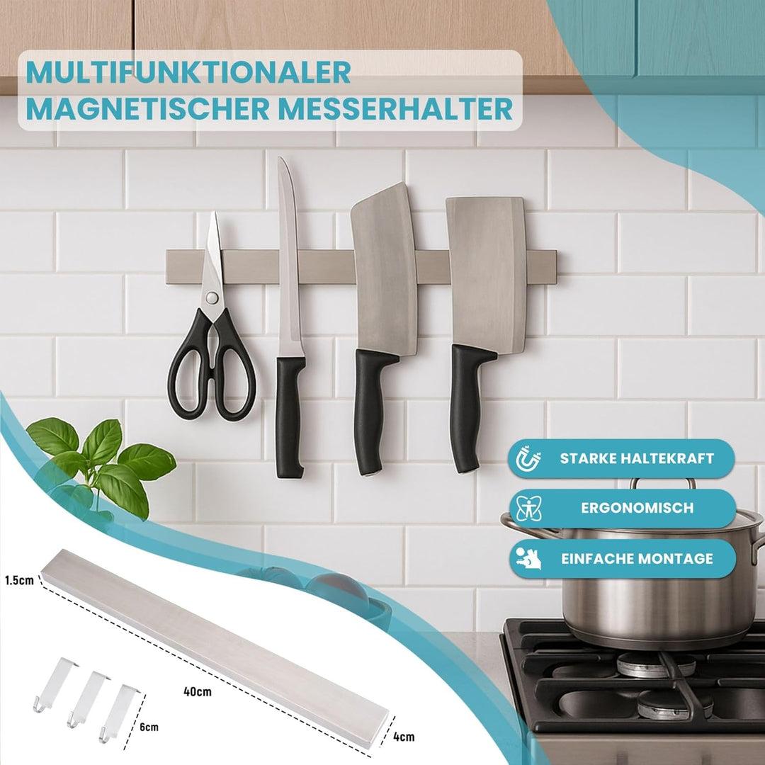 CHEFGASTRO Magnetleiste magnetische Messerleiste Messerhalter aus Stahl, 4x40x1,6cm, mit 3 silbernen