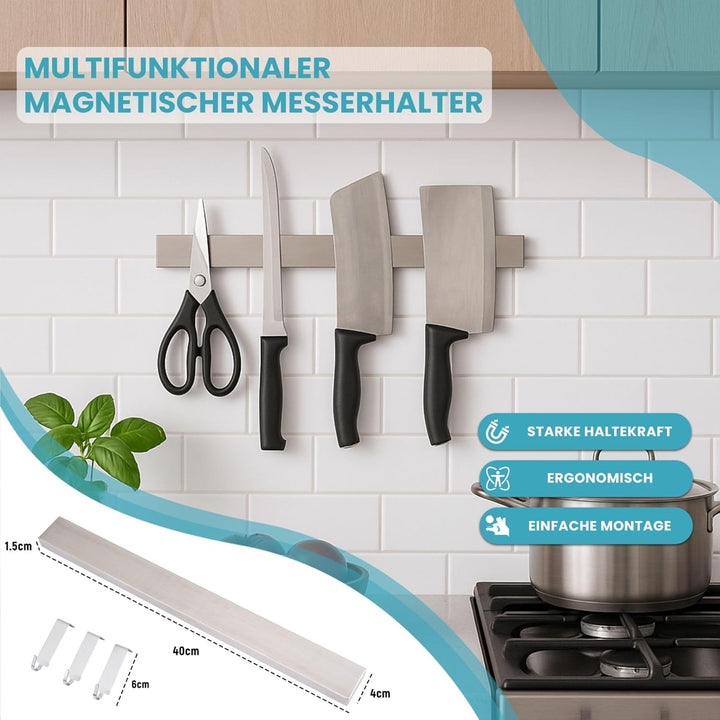 CHEFGASTRO Magnetleiste magnetische Messerleiste Messerhalter aus Stahl, 4x40x1,6cm, mit 3 silbernen