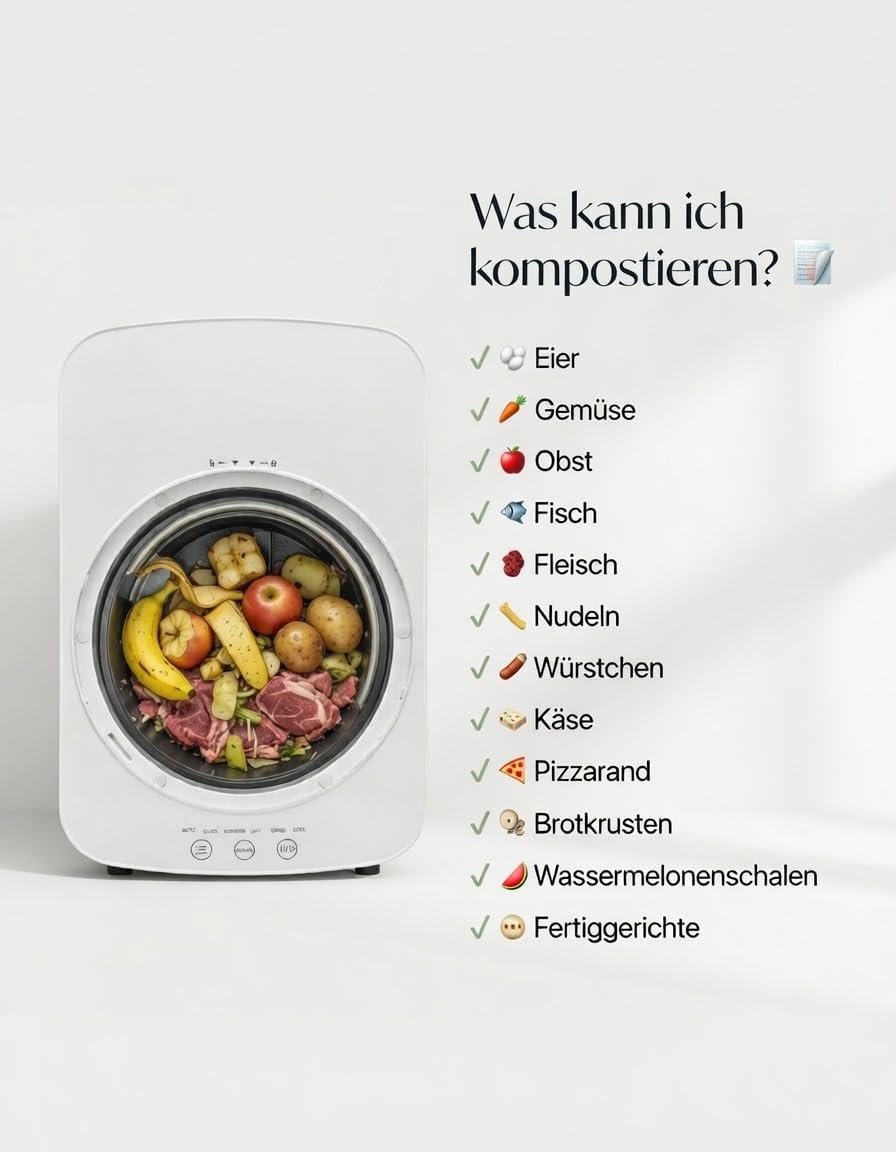 Elektrischer Komposter Küche 4L Weiss – Küchenkomposter Elektrisch mit modernem Design & kompakten M