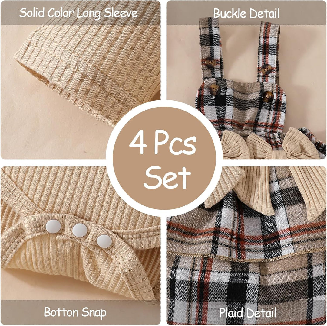 Neugeborenes Baby Mädchen Röcke Sets Rüschen Top + Plaid/Dots/Bowknot Overalls Hosenträger Kleid + S