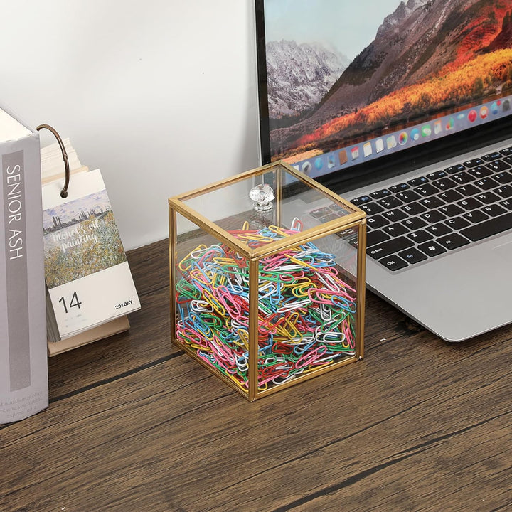 Glas Wattepad Spender Gold Wattestäbchenbehälter Wattepads Behälter Box Schmuckschatulle mit Glasdec