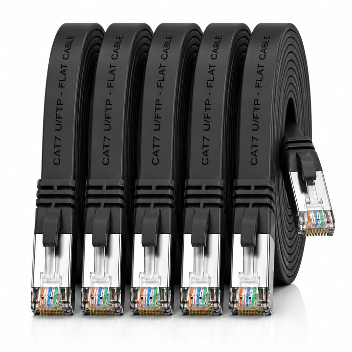 1aTTack.de 10m - schwarz - 5 Stück CAT.7 Gigabit Ethernet LAN Flachband Flachbandkabel (RJ45) Netzwe