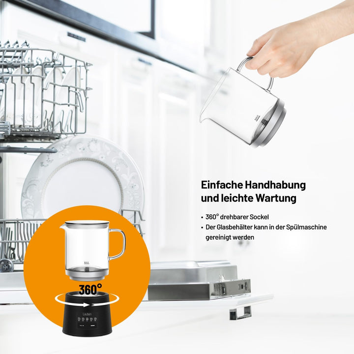 Lauben Glass Milk Frother 600BG, Milchaufschäumer mit Glasbehälter für kaltes und heisses Aufschäume