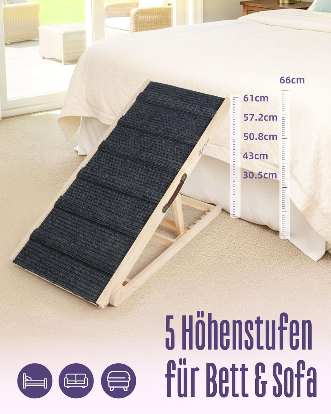 Hunderampe für Sofa Bett Klappbar Rampe für grosse Hunde Katzen Einstellbar 34-60 cm, bis zu 90 kg I