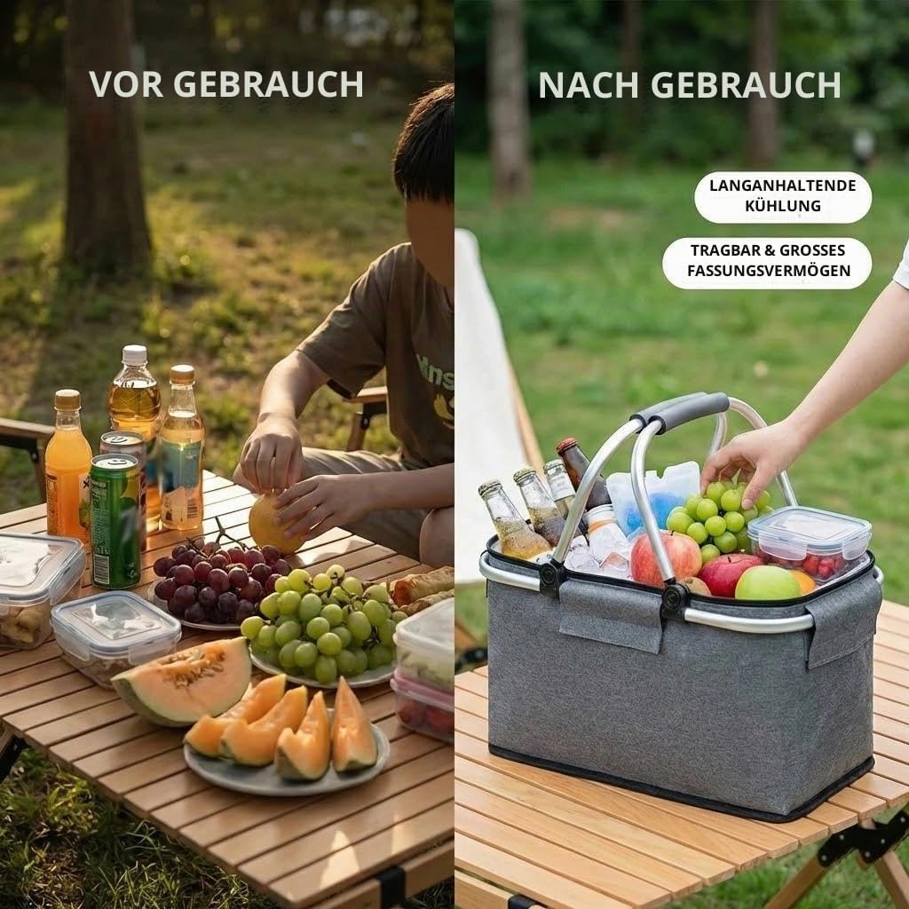 Einkaufskorb,Einkaufskorb Faltbar, Thermo als Picknickkorb, Kühlbox Tragbare mit Gepolsterten Griffe