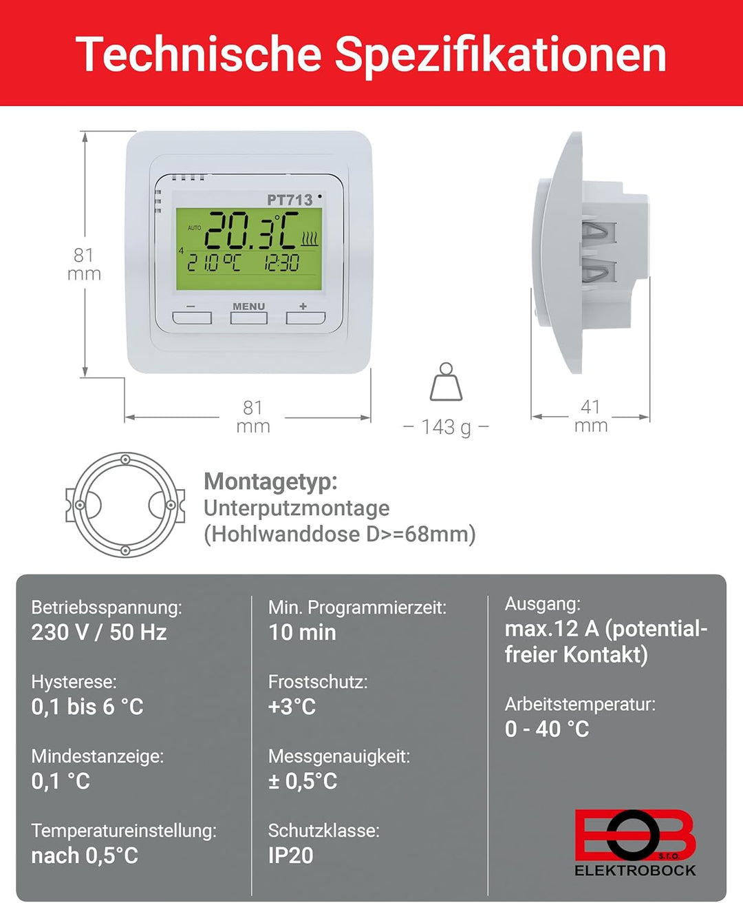 Elektrobock Digitaler Raumthermostat für Fussbodenheizung, PT713