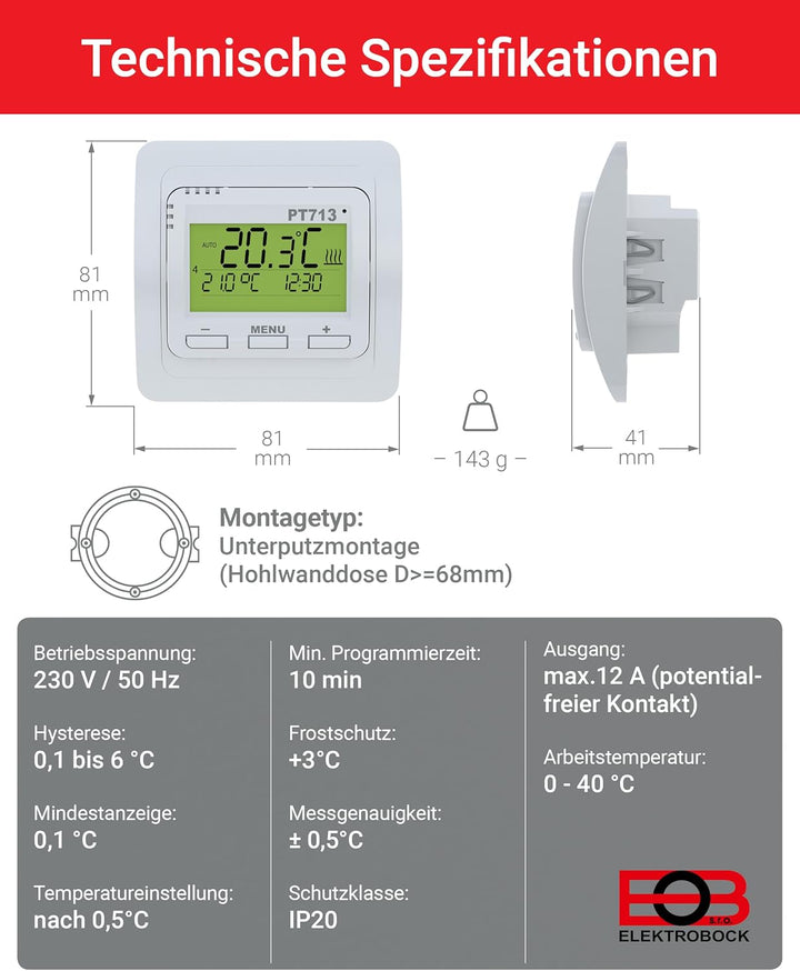 Elektrobock Digitaler Raumthermostat für Fussbodenheizung, PT713