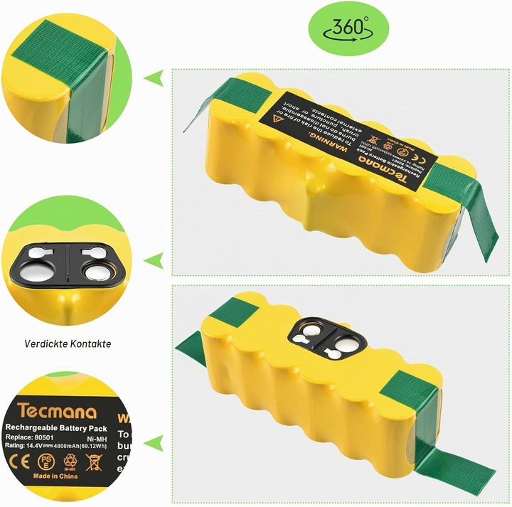 Tecmana 14.4V 4.5Ah Ersatzakku Kompatibel mit iRobot Roomba 500 600 700 800 R3, 531 555 581 595 620