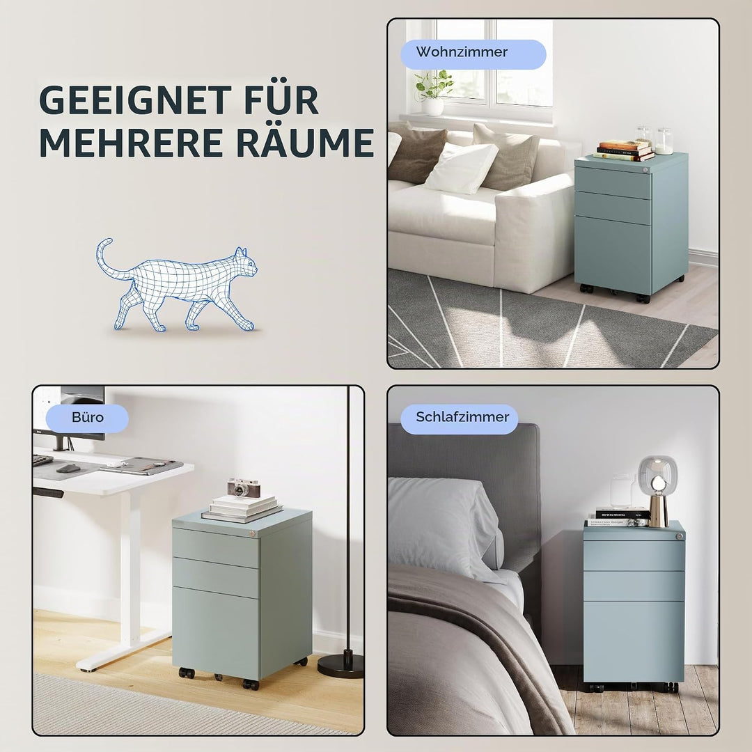 FLEXISPOT Rollcontainer Kleiner Schrank mit 3 Schubladen, mobiler Aktenschrank mit Rollen, abschlies