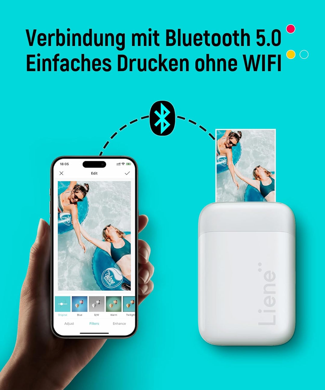 Liene Mini Fotodrucker für Smartphone(5x7,6cm) - mit 50 Blatt Zink-Fotopapier mit Kleberückseite, 30