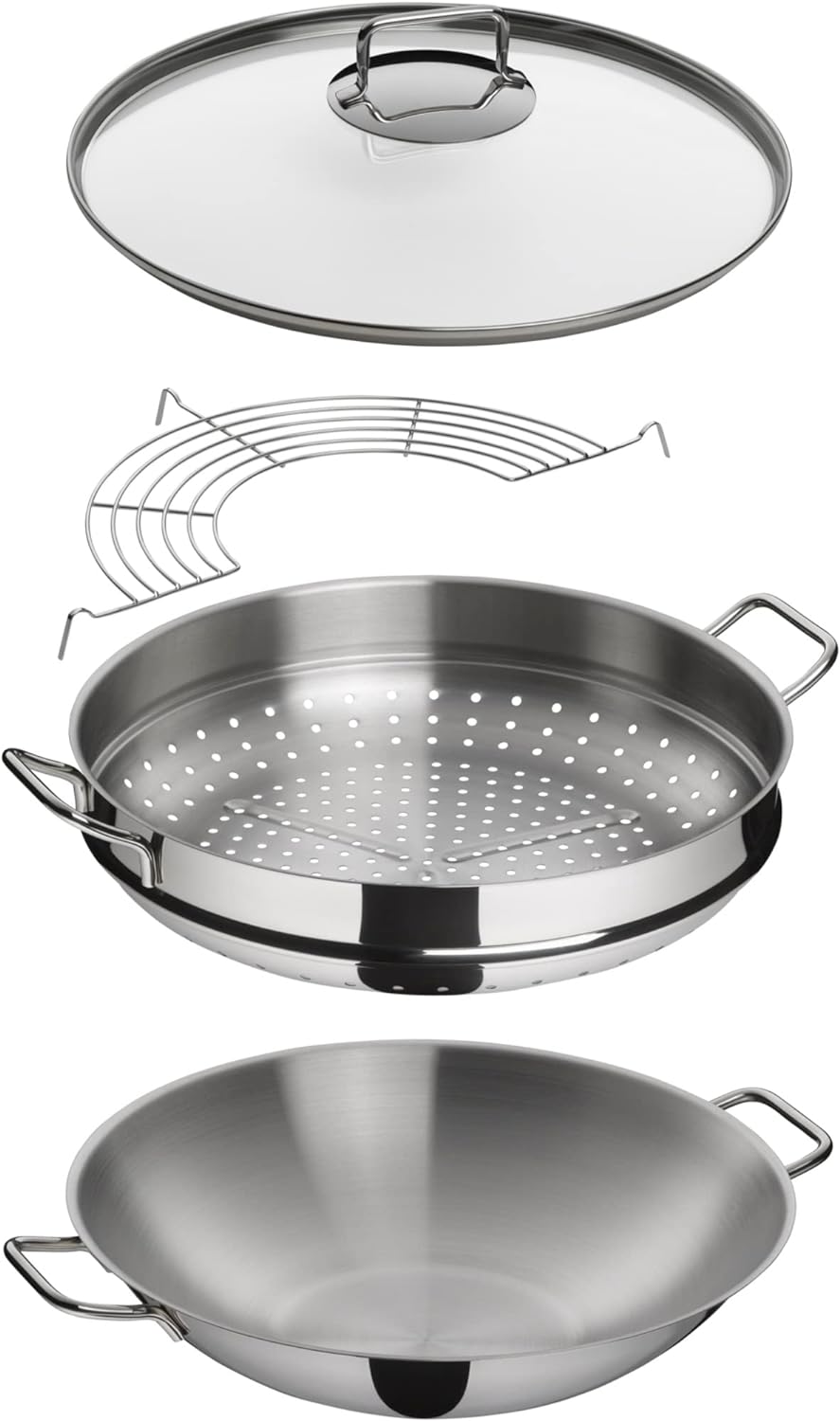 WMF Macao Wok Induktion 4-teilig, Wok-Pfanne 36 cm mit Glasdeckel, Ablagegitter, Dämpfereinsatz, Cro