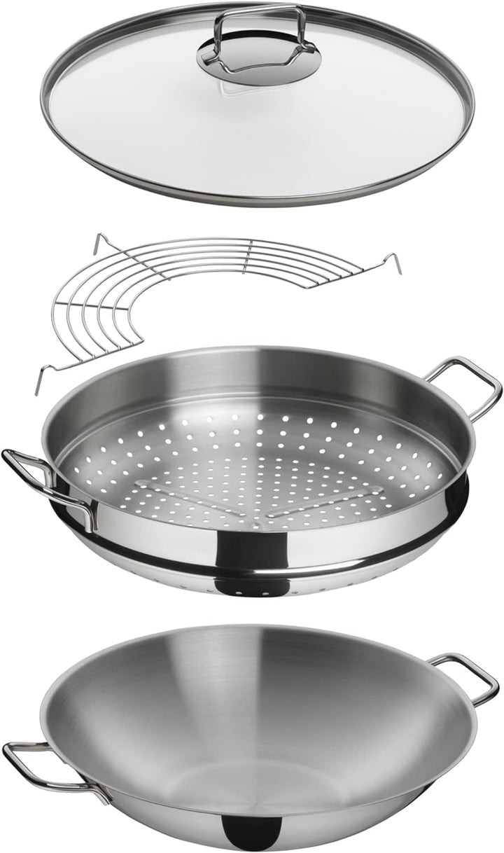 WMF Macao Wok Induktion 4-teilig, Wok-Pfanne 36 cm mit Glasdeckel, Ablagegitter, Dämpfereinsatz, Cro