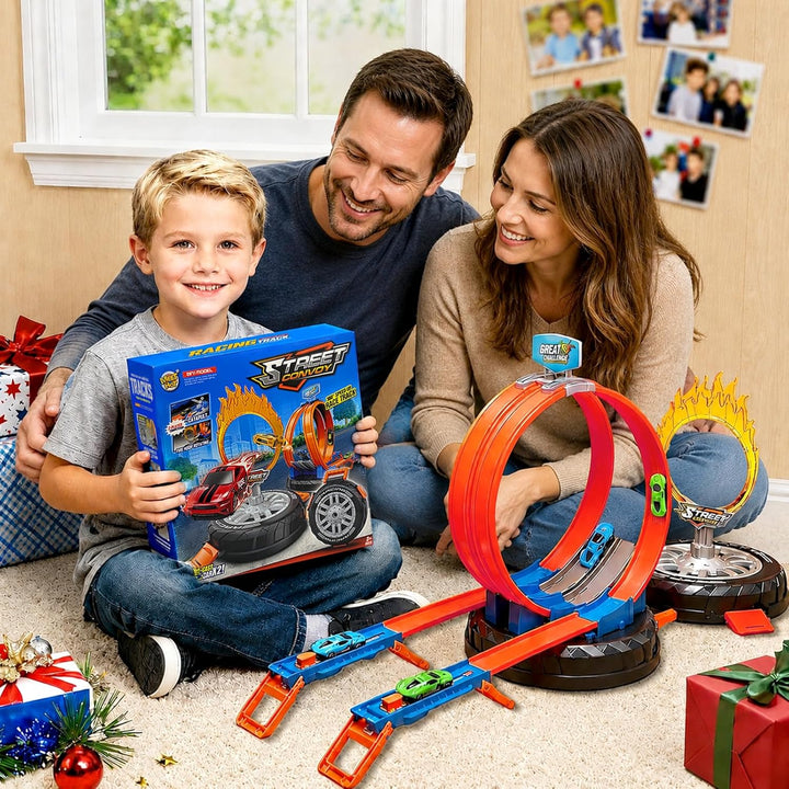 Autorennbahn Rennspielzeug Kinder mit 6 Spielzeugautos 2 Rampen 1 Reifenaufbewahrungsbox für Mädchen