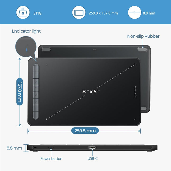XPPen Deco MW 8x5 Zoll Grafiktablett Bluetooth Wireless Zeichentablett mit 8 Tasten, Drawing Tablet