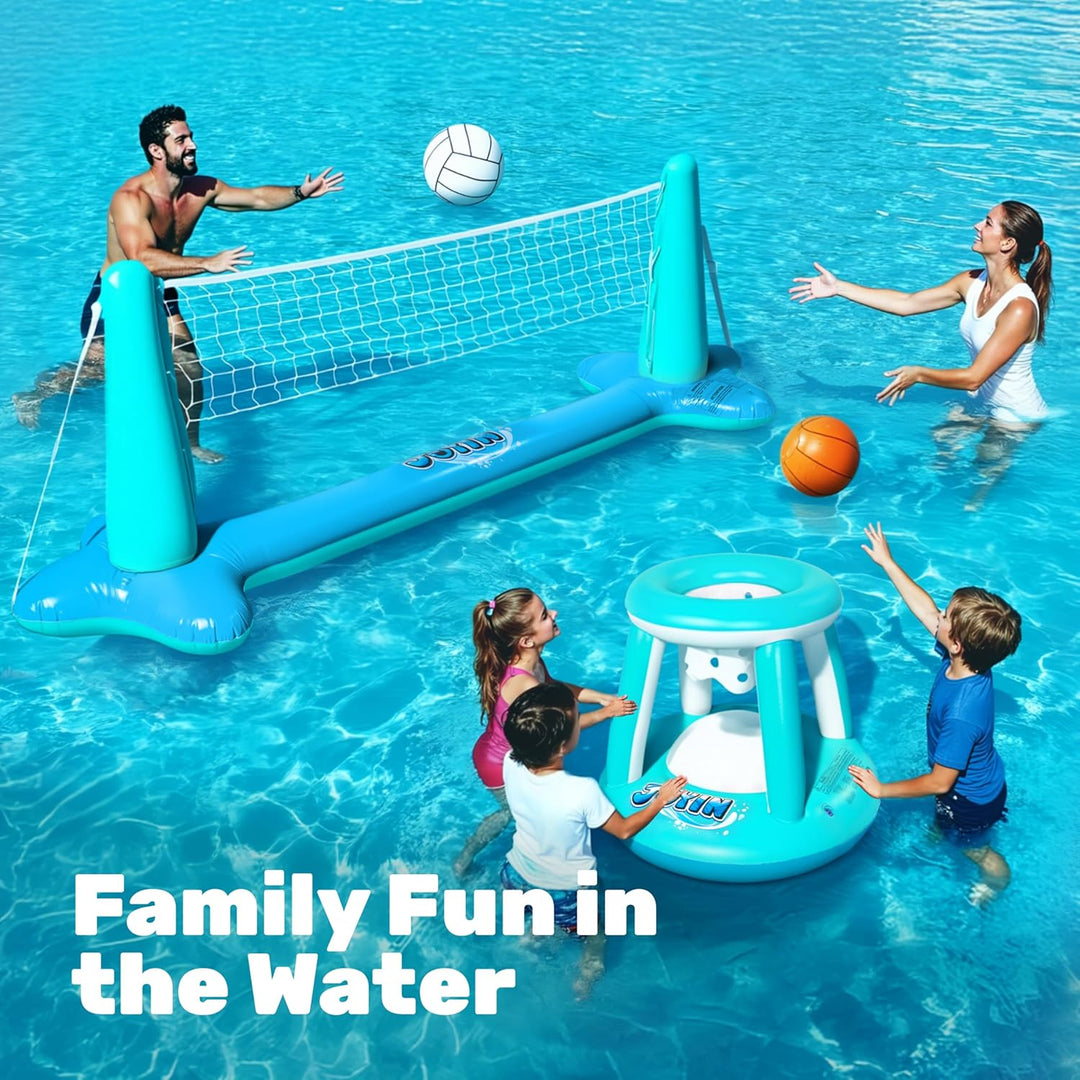 JOYIN Aufblasbare Pool Float Set, Volleyballnetz & Basketballkörbe & Bälle für Kinder Erwachsene, Wa