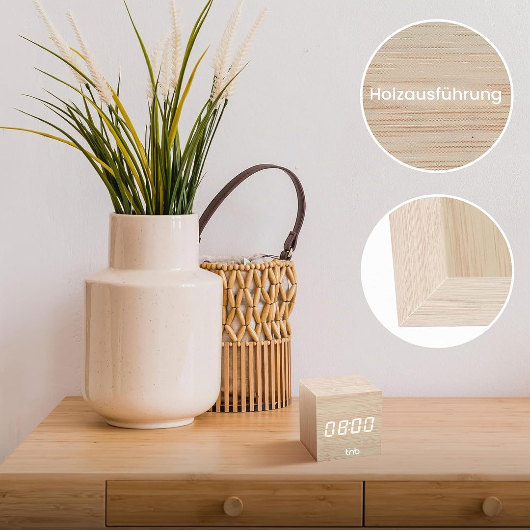 T'NB - Moderner digitaler Wecker aus Holz, multifunktionaler LED-Wecker, digitale Uhr mit Zeitanzeig