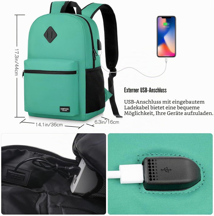 YAMTION Schulrucksack, Schultasche, für Mädchen und Jungen, Laptop-Rucksack mit USB-Ladeanschluss fü