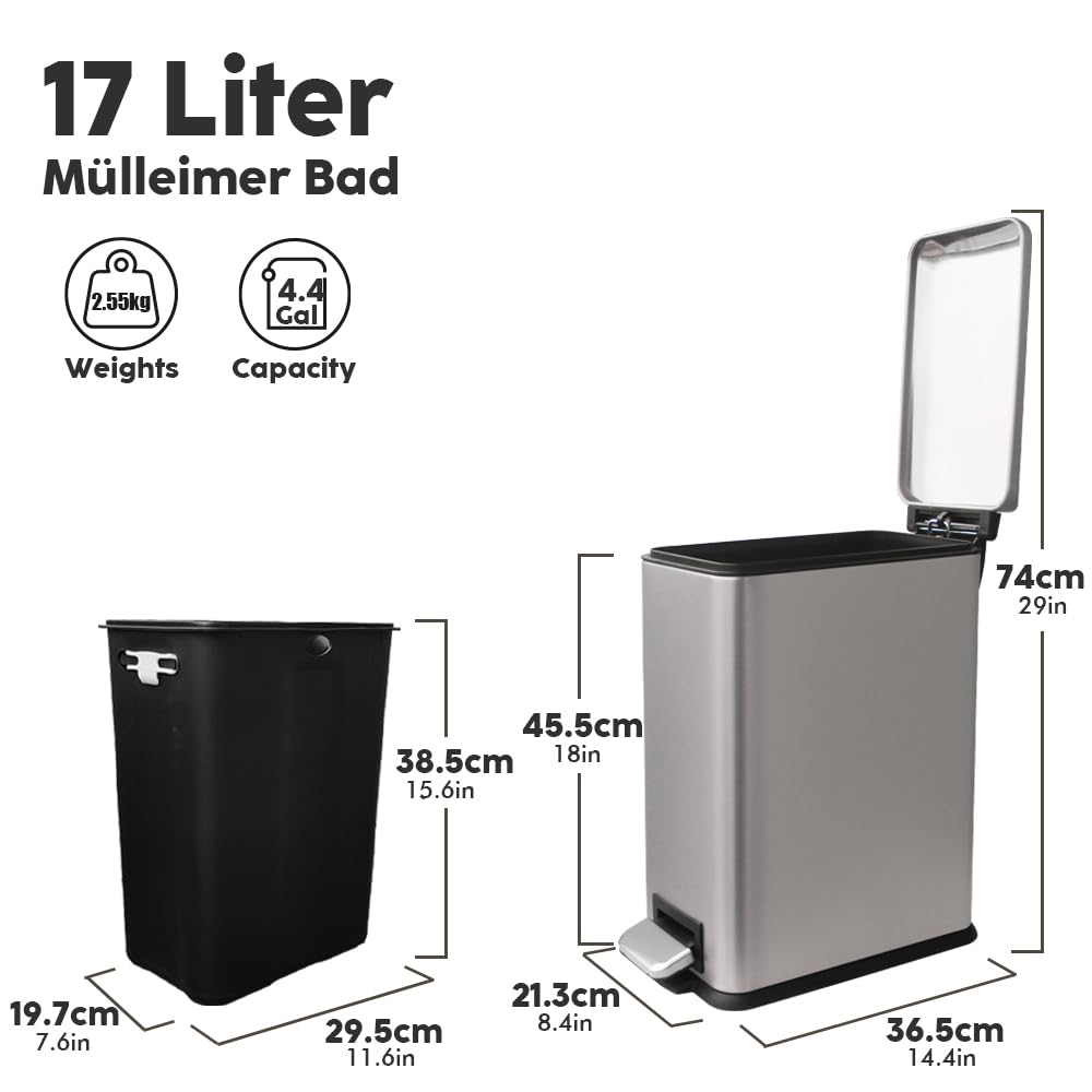 JM.YIPENG 17L Mülleimer Abfalleimer Tretmülleimer mit Deckel und Fusspedal mit Inneneimer, Rechtecki