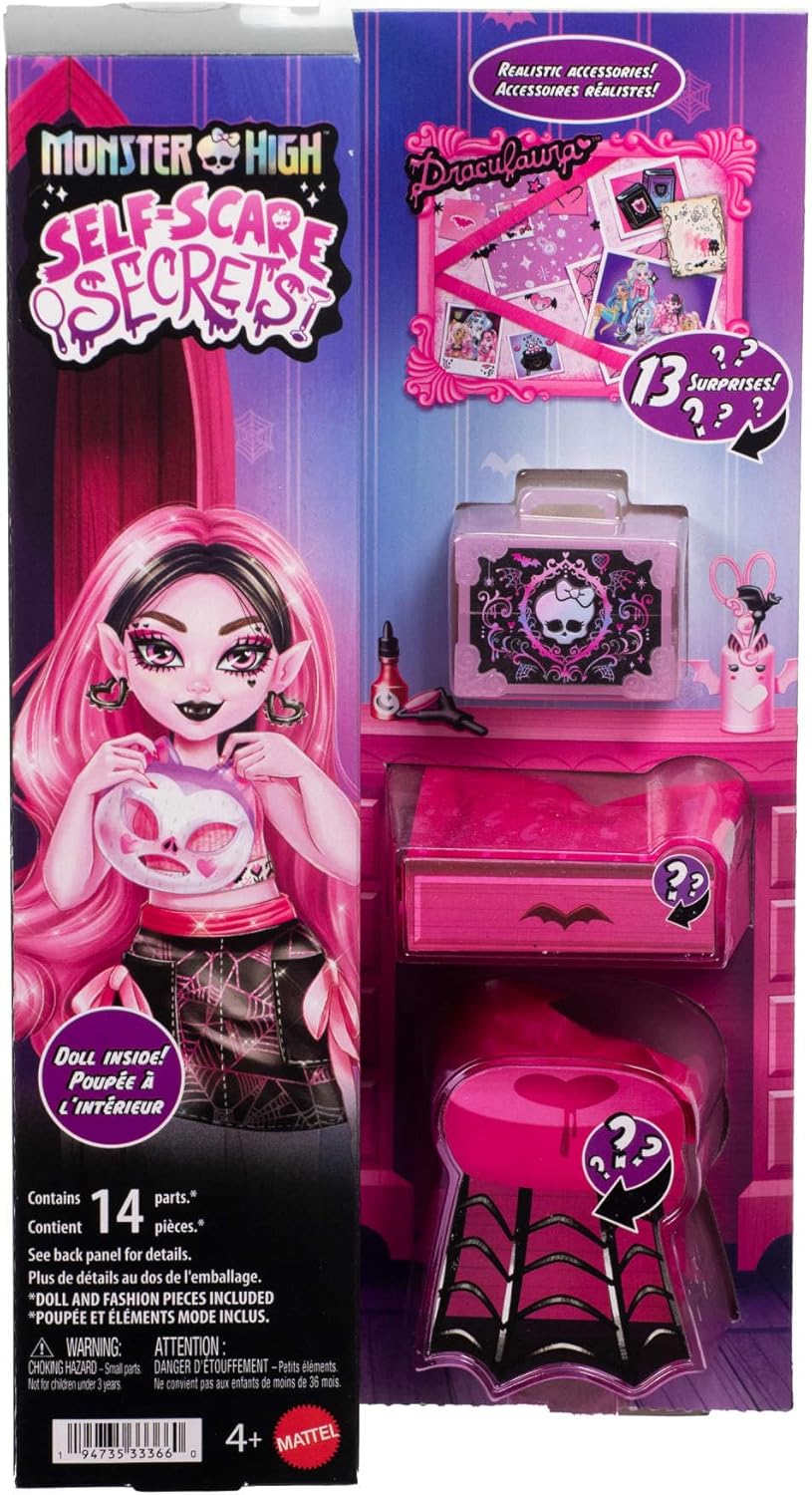 Monster High Self-Scare Secrets Draculaura Puppe und Zubehör Set mit 13 realistischen Überraschungen