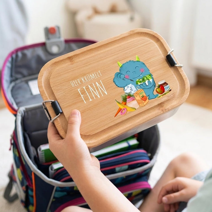 LOOXIS Personalisierte Lunchbox für Kinder – Personalisierbare Brotdose Namen und Motiv, Buchenholzd