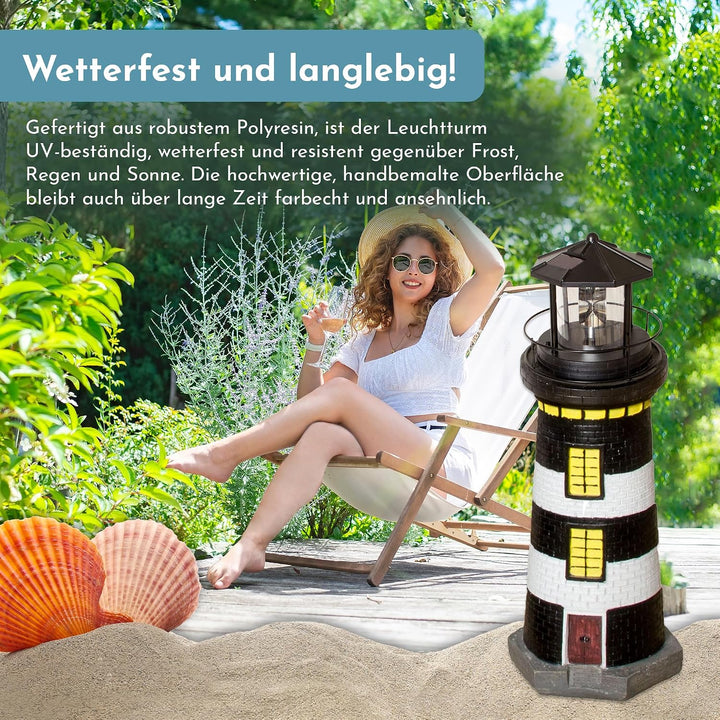 NATIV LED Solar-Leuchtturm mit rotierender Leuchte, handgefertiger Dekoturm für den Aussenbereich, 3