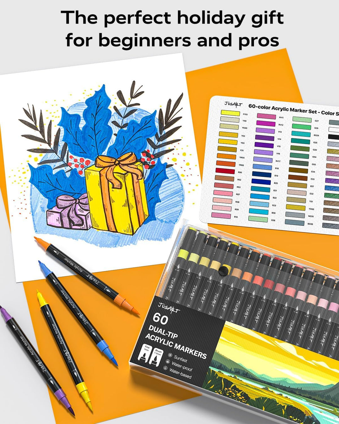 JusArt 48 Acrylstifte mit Doppelspitze, Pinsel und feine Spitze, Acrylic Marker Wasserfest, Premium-