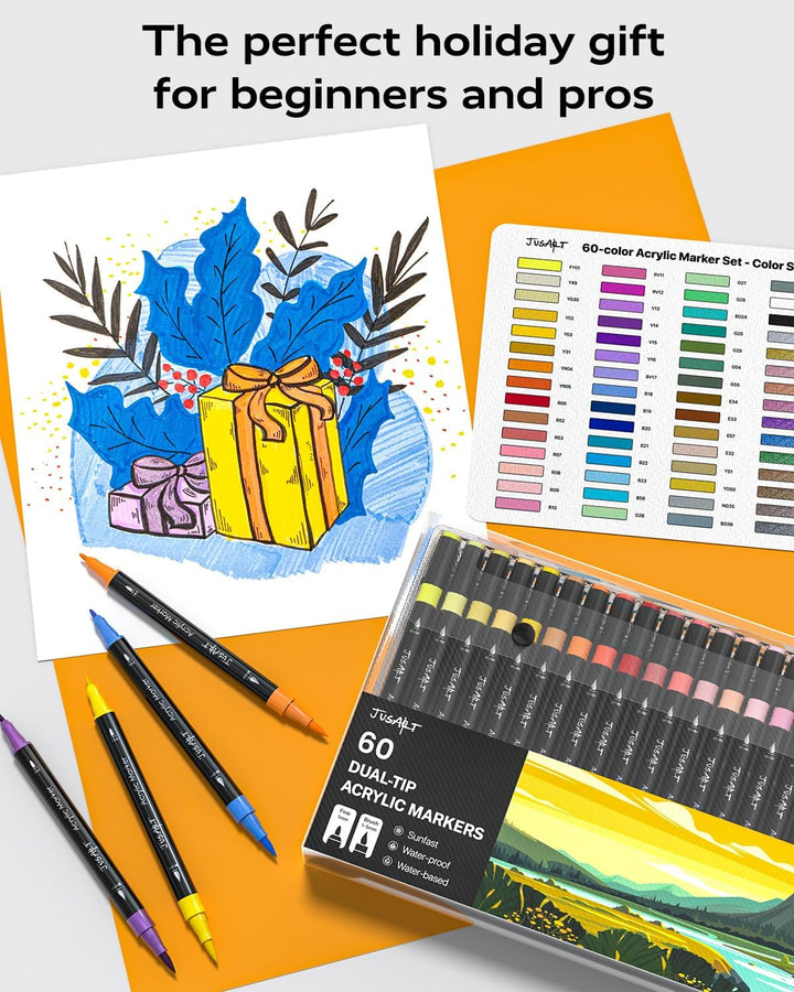 JusArt 60 Acrylstifte mit Doppelspitze, Pinsel und feine Spitze, Acrylic Marker Wasserfest, Premium-
