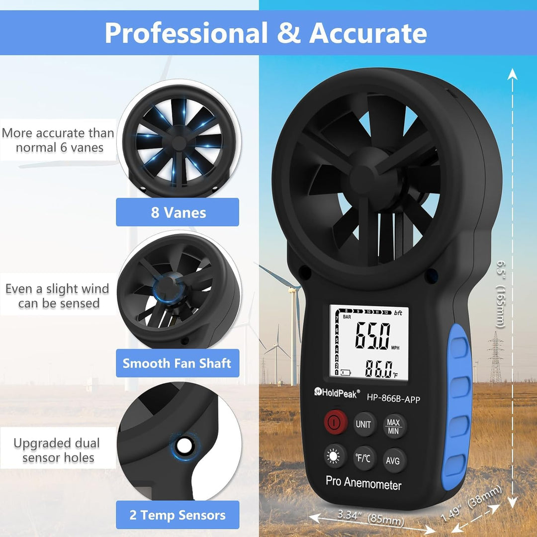 Anemometer Bluetooth Wireless Handheld 866B-APP, Anemometer Bluetooth Windmessgerät misst Windgeschw