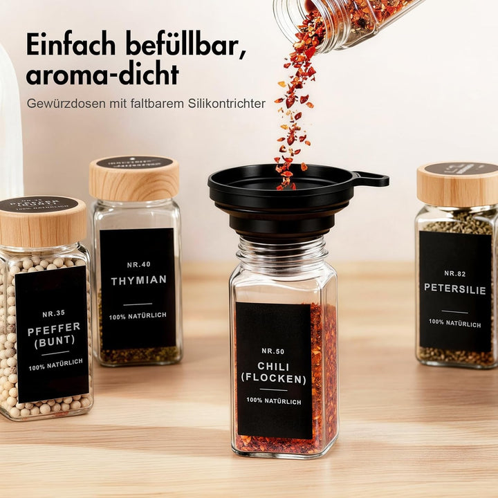 Gewürzgläser eckig mit Holzmaserung Deckel Set 24er : 120 ml Gewürzdosen Glas mit Etiketten & Streue